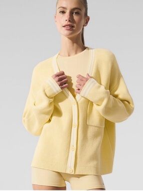 Alo Yoga Tennis Club Sweater Knit Cardigan Warm Butter/White Sz S 4-6 W3847R